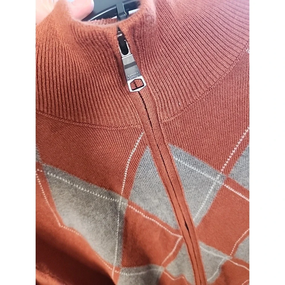 Banana Republic Men Burnt Orange Gray Argyle Zip Up Sweater Sz L Luxury‎ Blend